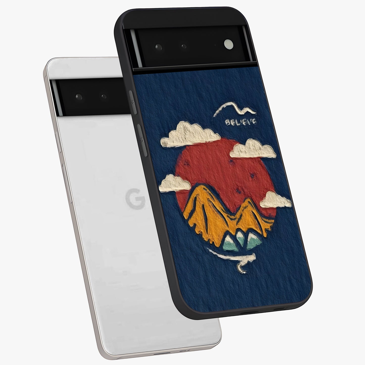 Dream Beyond Mountains Glass Case displayed in angled mockup highlighting dreamy mountain illustration with peaceful aesthetic.