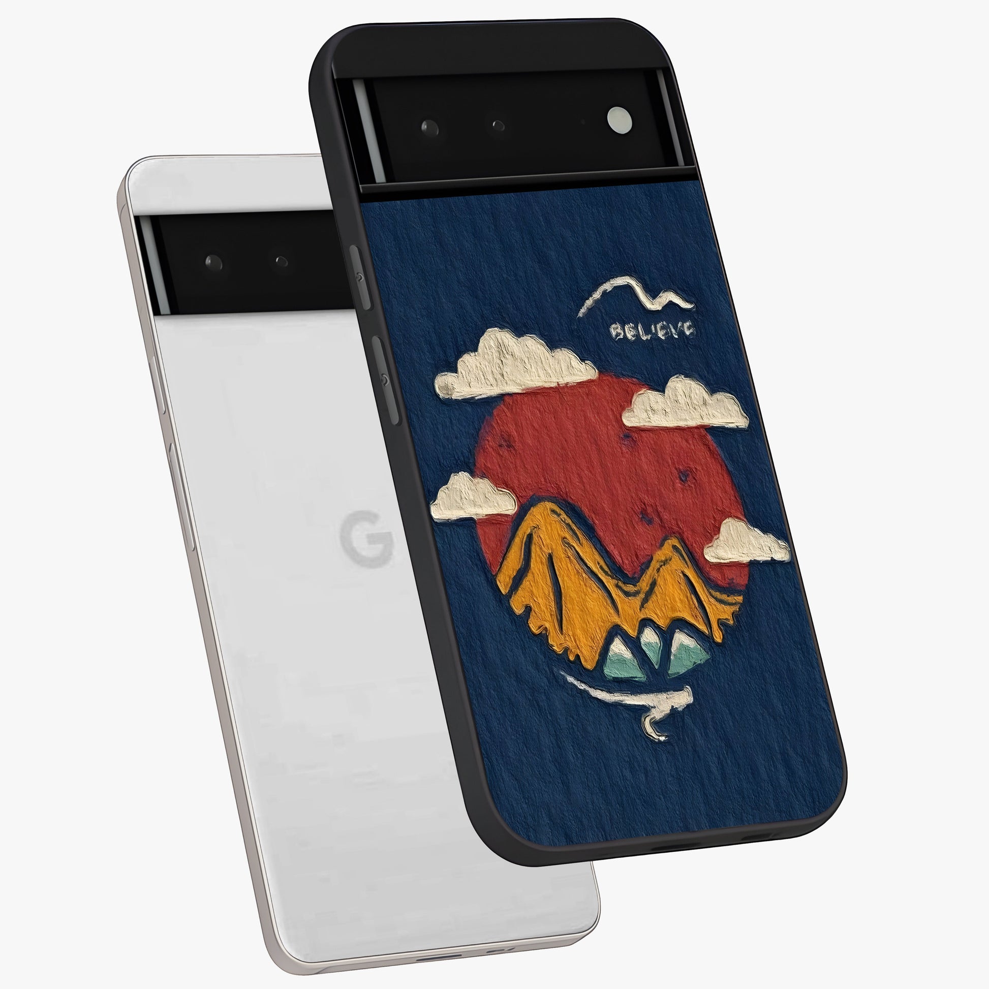 Dream Beyond Mountains Glass Case displayed in angled mockup highlighting dreamy mountain illustration with peaceful aesthetic.