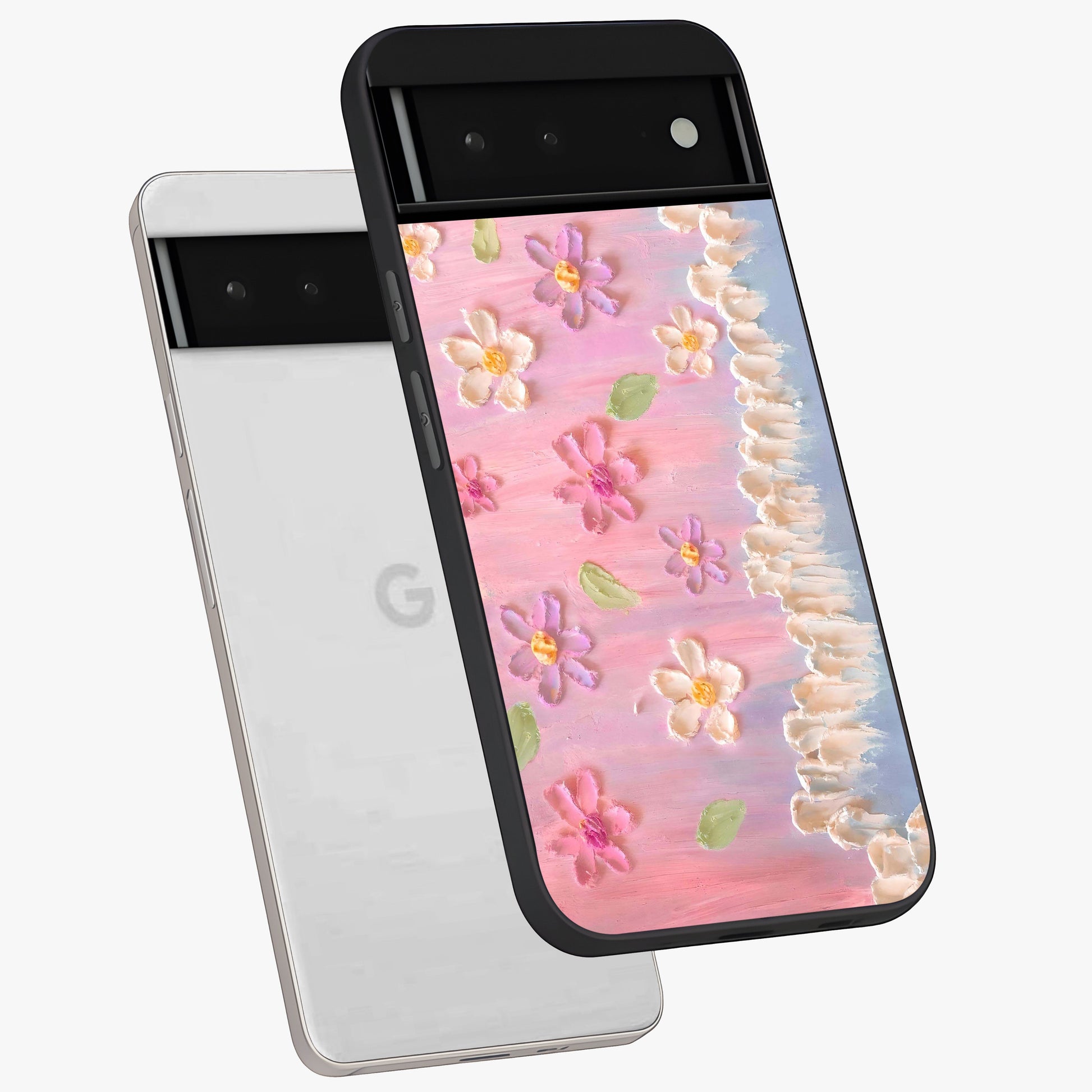 Dreamy Painted Garden Glass Case displayed in angled mockup highlighting colorful garden illustration with dreamy aesthetic style.
