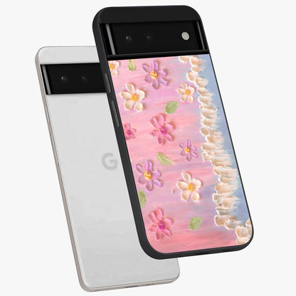 Dreamy Painted Garden Glass Case displayed in angled mockup highlighting colorful garden illustration with dreamy aesthetic style.