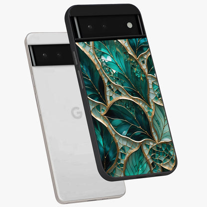 Emerald Leaf Glass Glass Case displayed in angled mockup highlighting botanical leaf illustration with elegant natural aesthetic.