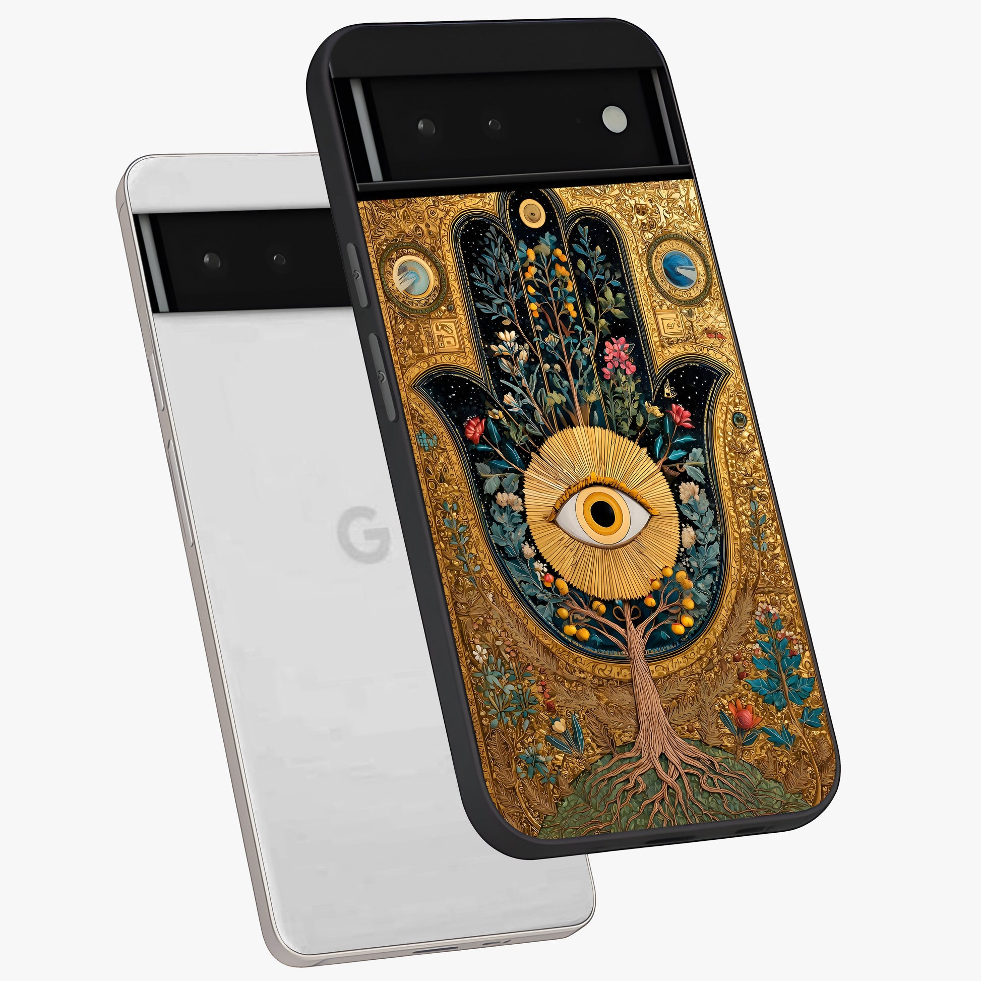 Ethereal Evil Eye Glass Case displayed in angled mockup highlighting protective evil eye symbol with spiritual aesthetic design.