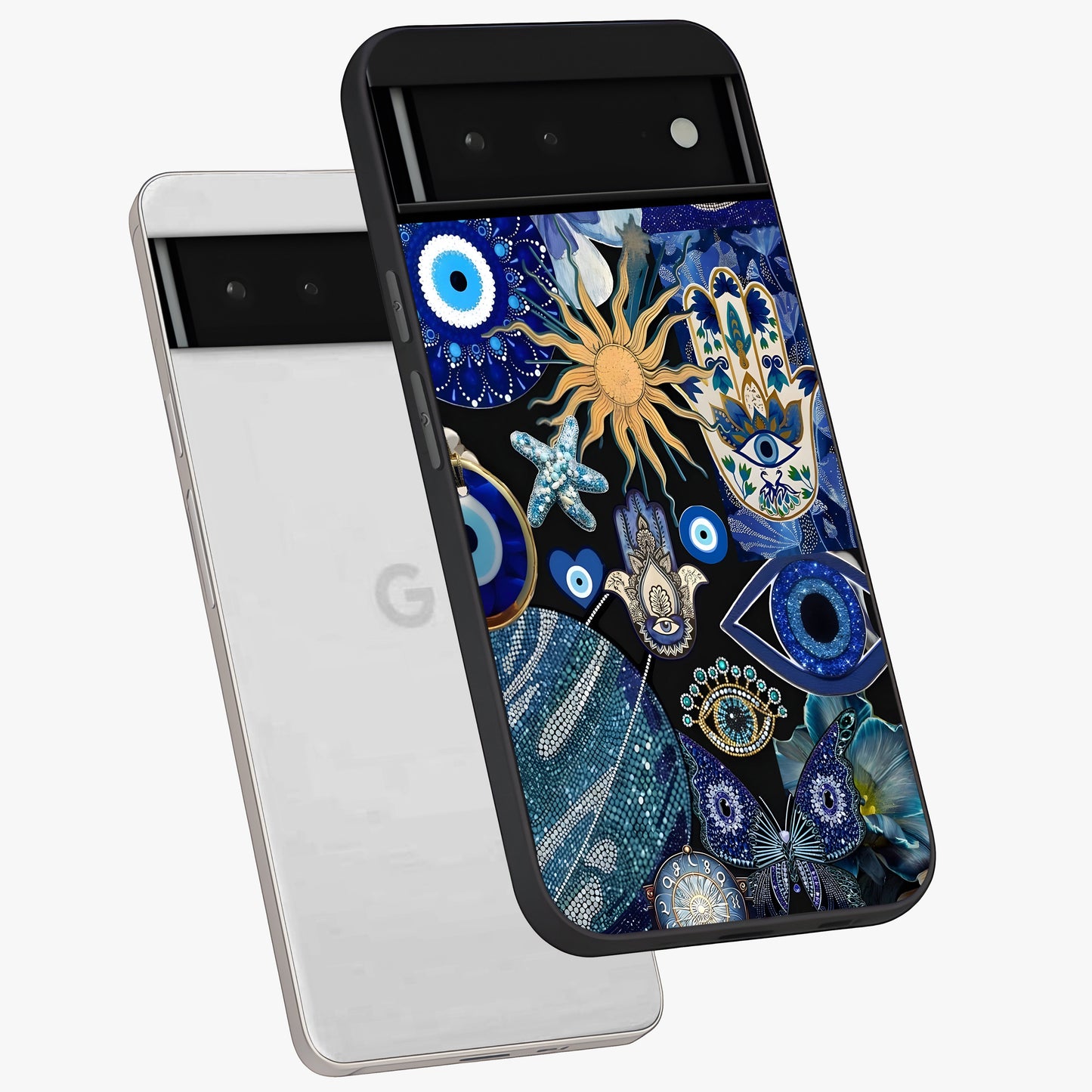 Evil Eye Charm Mix Glass Case displayed in angled mockup highlighting protective evil eye symbols with spiritual aesthetic design.