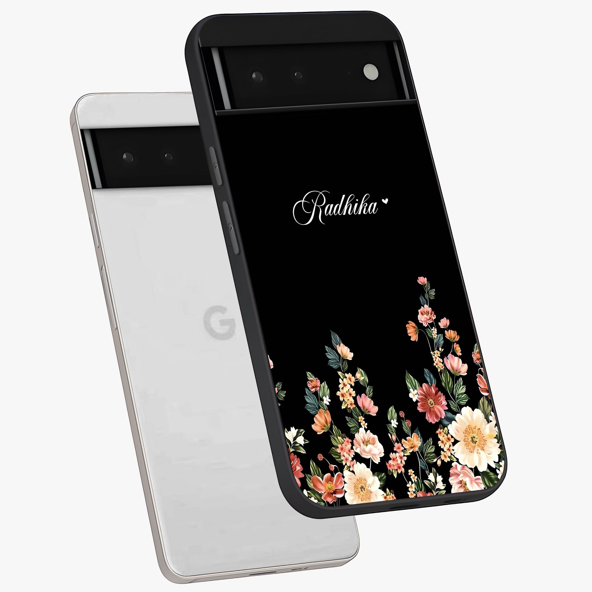 Floral Design With a Custom Personalized Name Glass Case displayed in angled mockup highlighting elegant floral pattern with custom name feature.