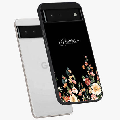 Floral Design With a Custom Personalized Name Glass Case displayed in angled mockup highlighting elegant floral pattern with custom name feature.