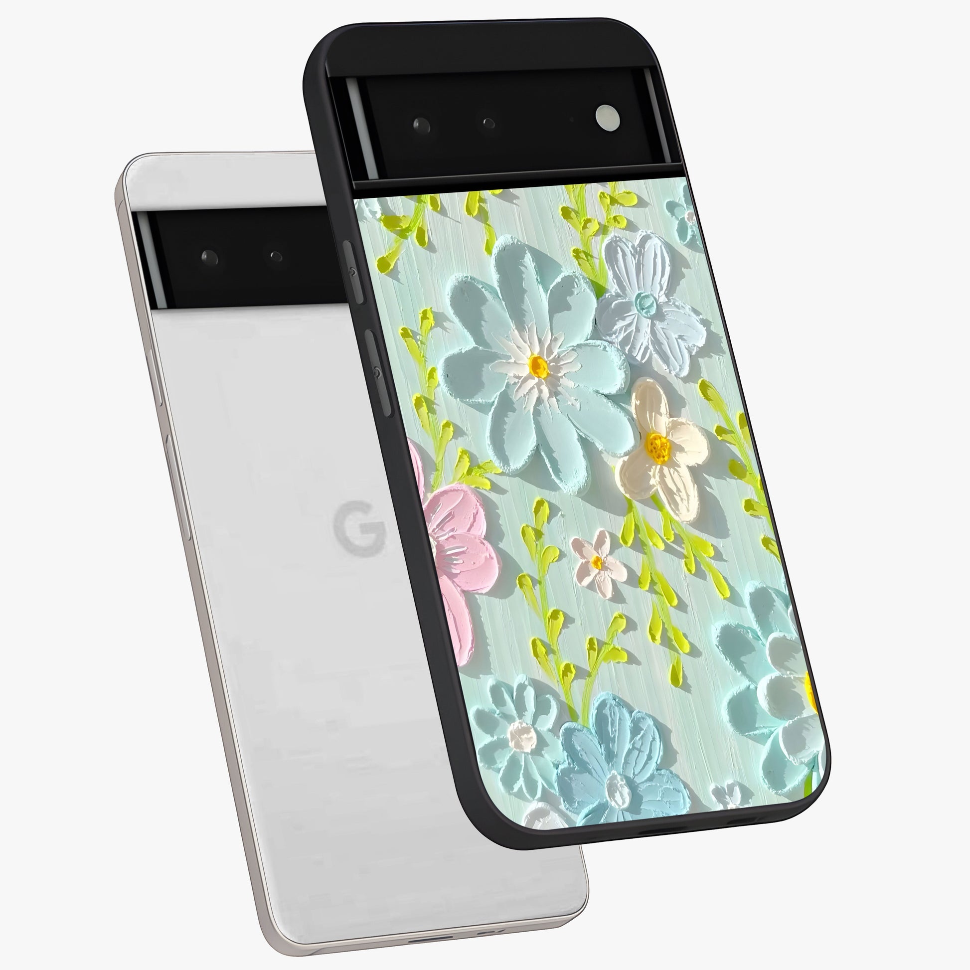 Frosted Petal Garden Glass Case displayed in angled mockup highlighting delicate flower petal design with calm garden aesthetic.