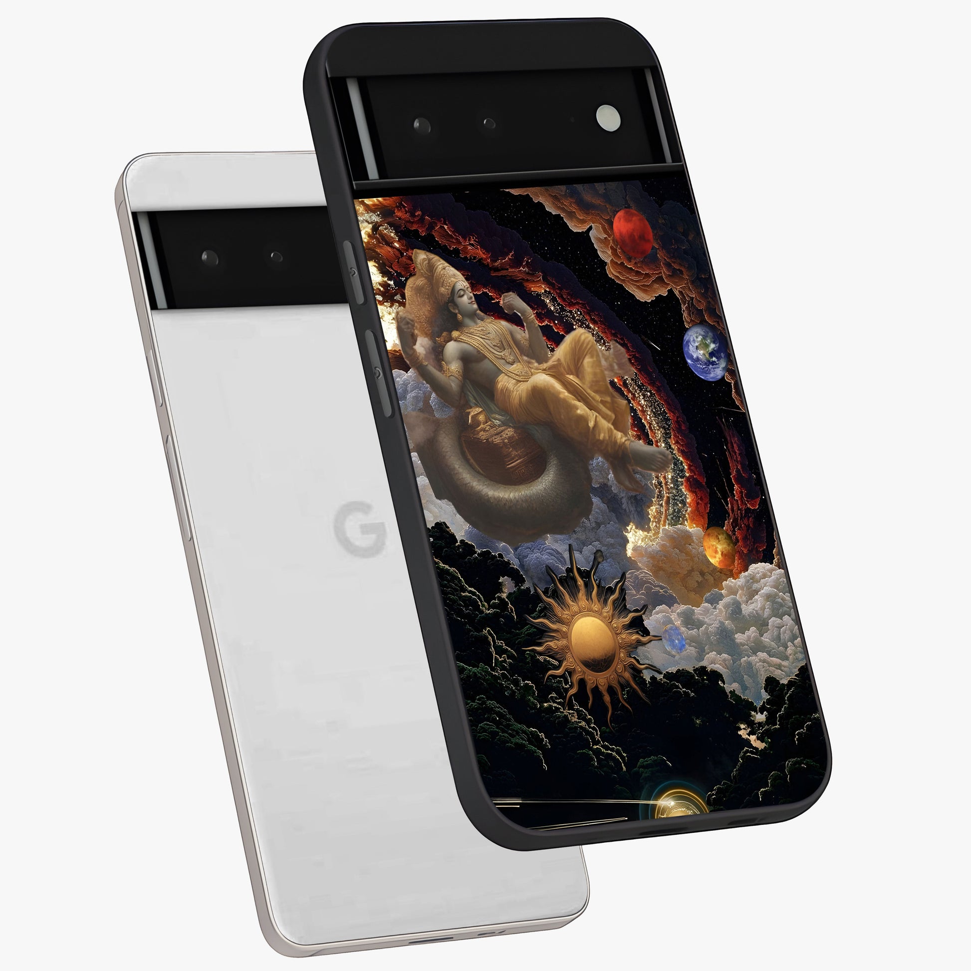 Galactic Divine God Glass Case displayed in angled mockup highlighting powerful celestial deity illustration with galactic aesthetic.