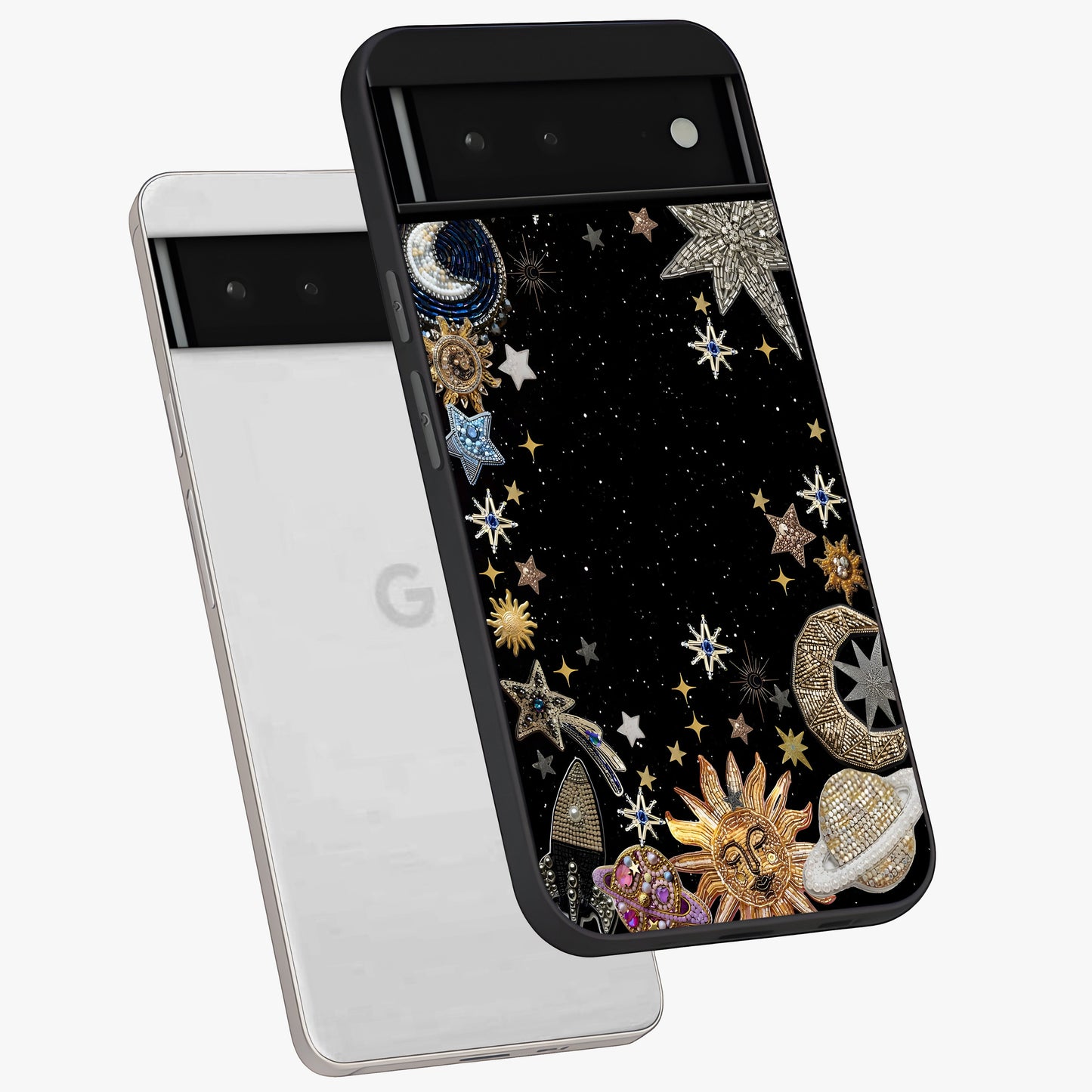 Galactic Jewel Stars Glass Case displayed in angled mockup highlighting shining celestial star design with cosmic aesthetic style.