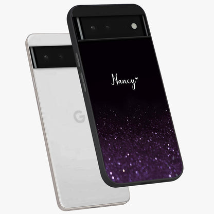 Glittery Purple Bokeh Custom Name Glass Case displayed in angled mockup highlighting glitter bokeh pattern with custom name feature.