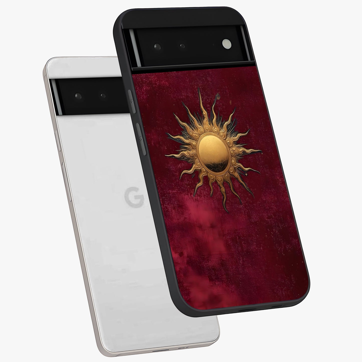 Golden Sun Minimalism Glass Case displayed in angled mockup highlighting clean sun symbol design with modern minimal aesthetic.