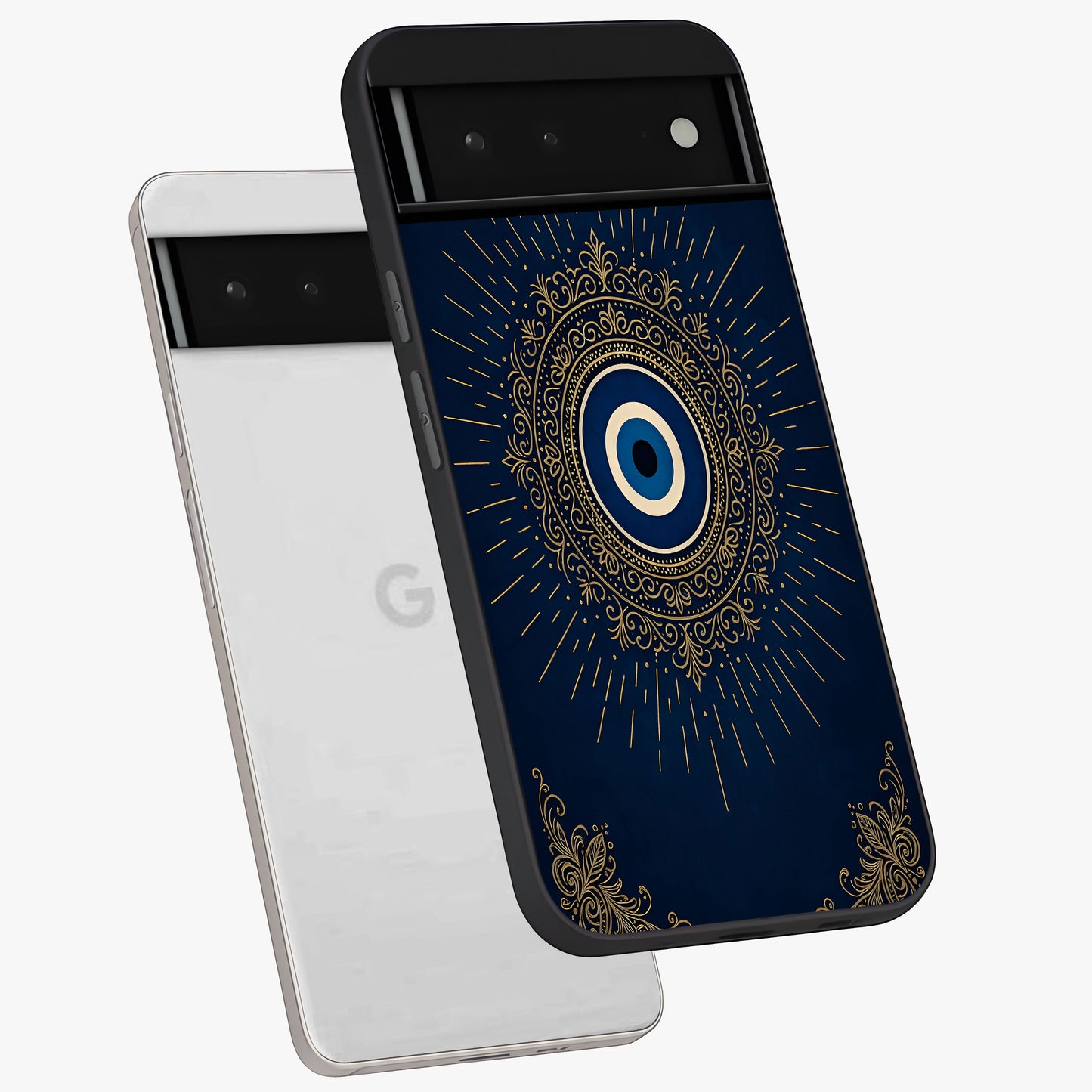 Golden Celestial Charm Glass Case displayed in angled mockup highlighting sparkling cosmic charm design with celestial aesthetic.