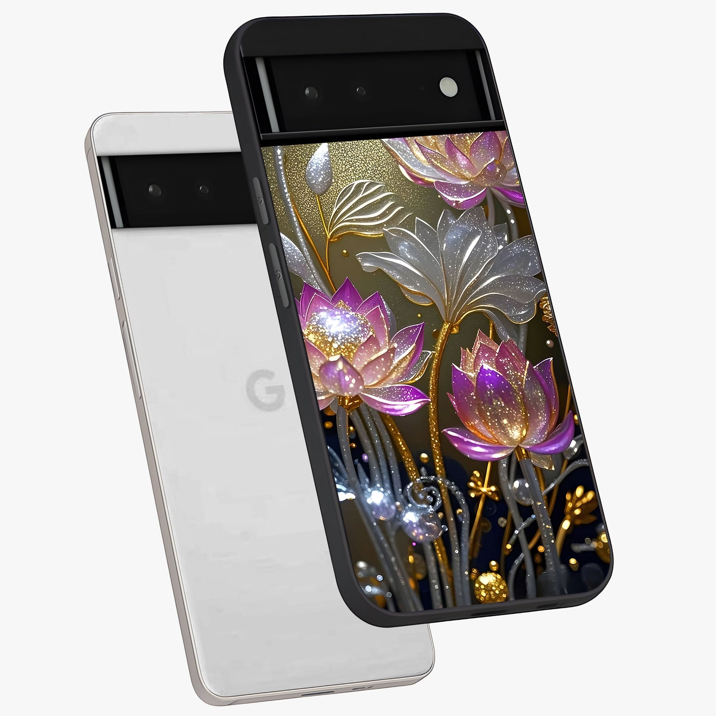 Golden Floral Majesty Glass Case displayed in angled mockup highlighting elegant flower design with royal golden aesthetic.