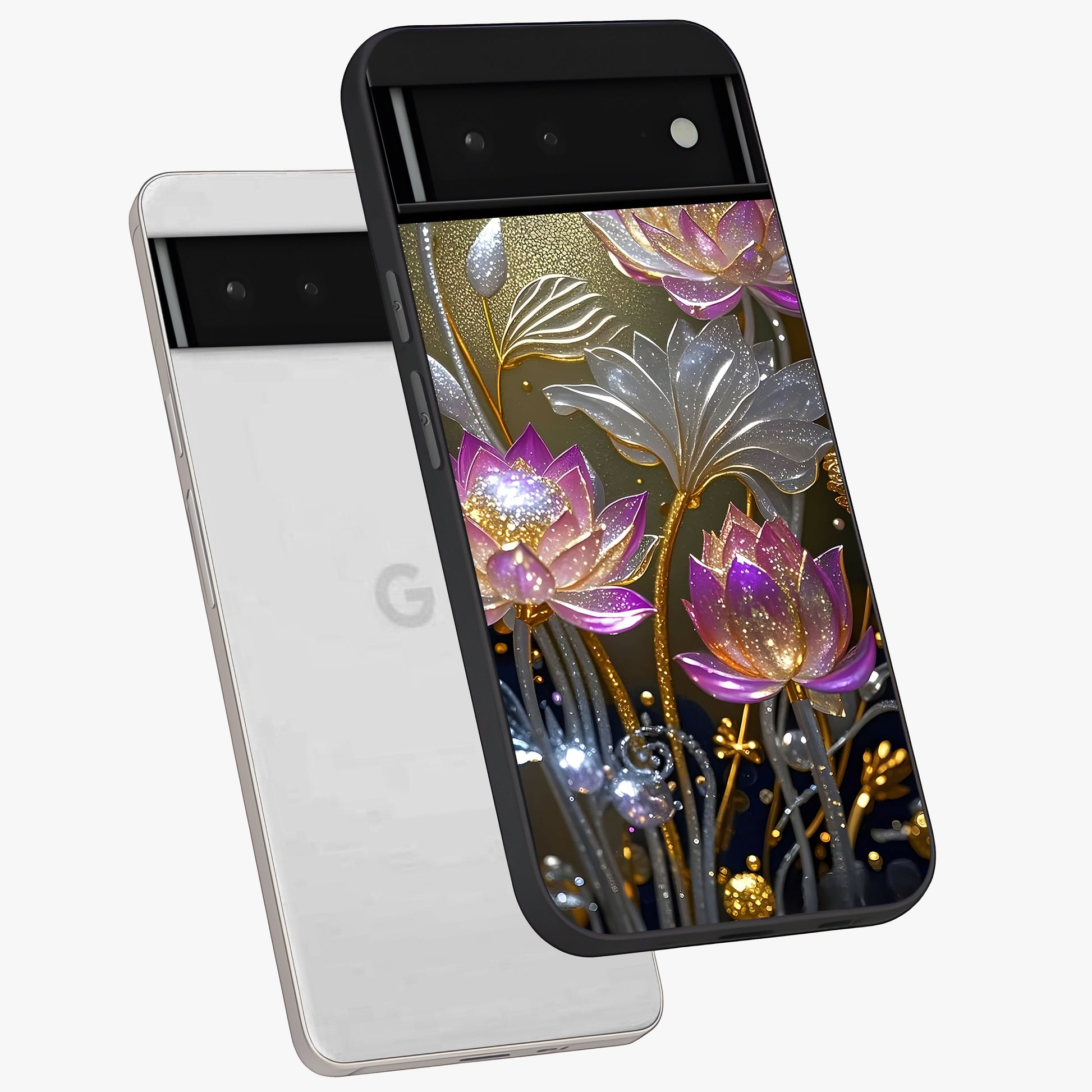 Golden Floral Majesty Glass Case displayed in angled mockup highlighting elegant flower design with royal golden aesthetic.