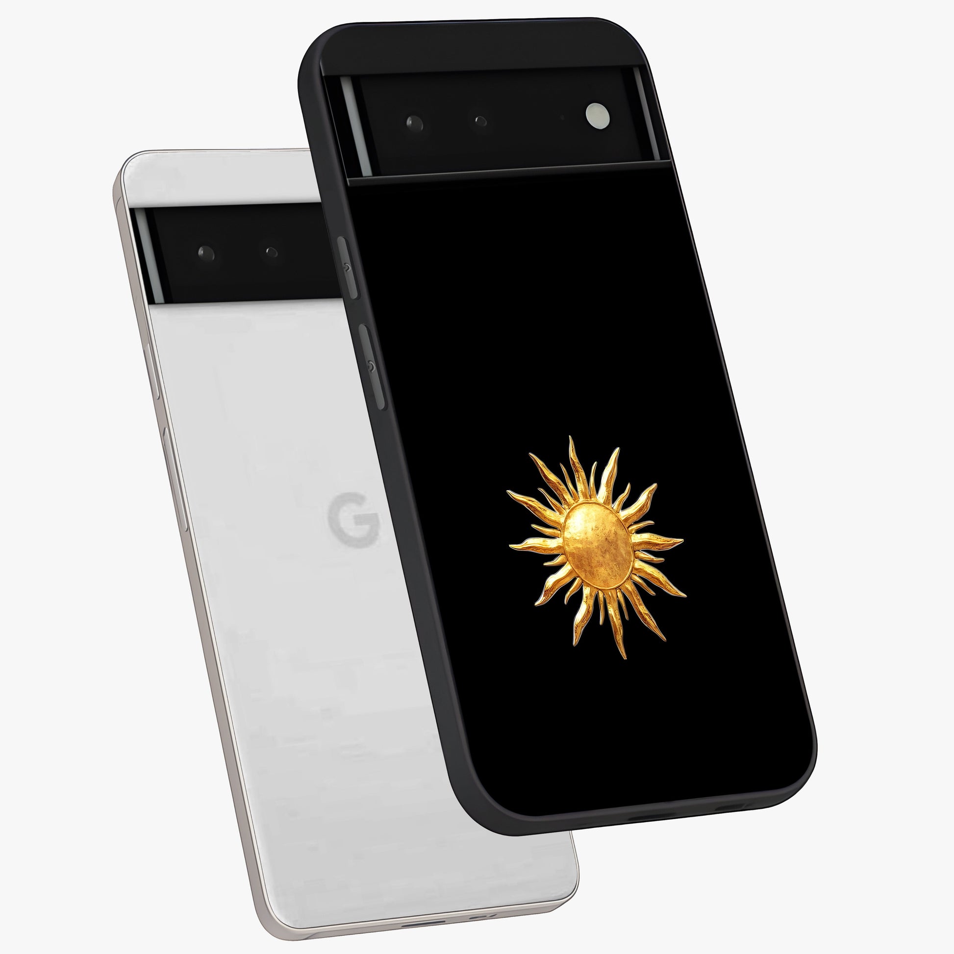 Golden Sun Minimalism Glass Case displayed in angled mockup highlighting eerie shadow illustration with gothic aesthetic.