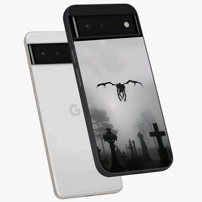 Graveyard Shadow Descent Glass Case displayed in angled mockup highlighting eerie shadow illustration with gothic aesthetic.