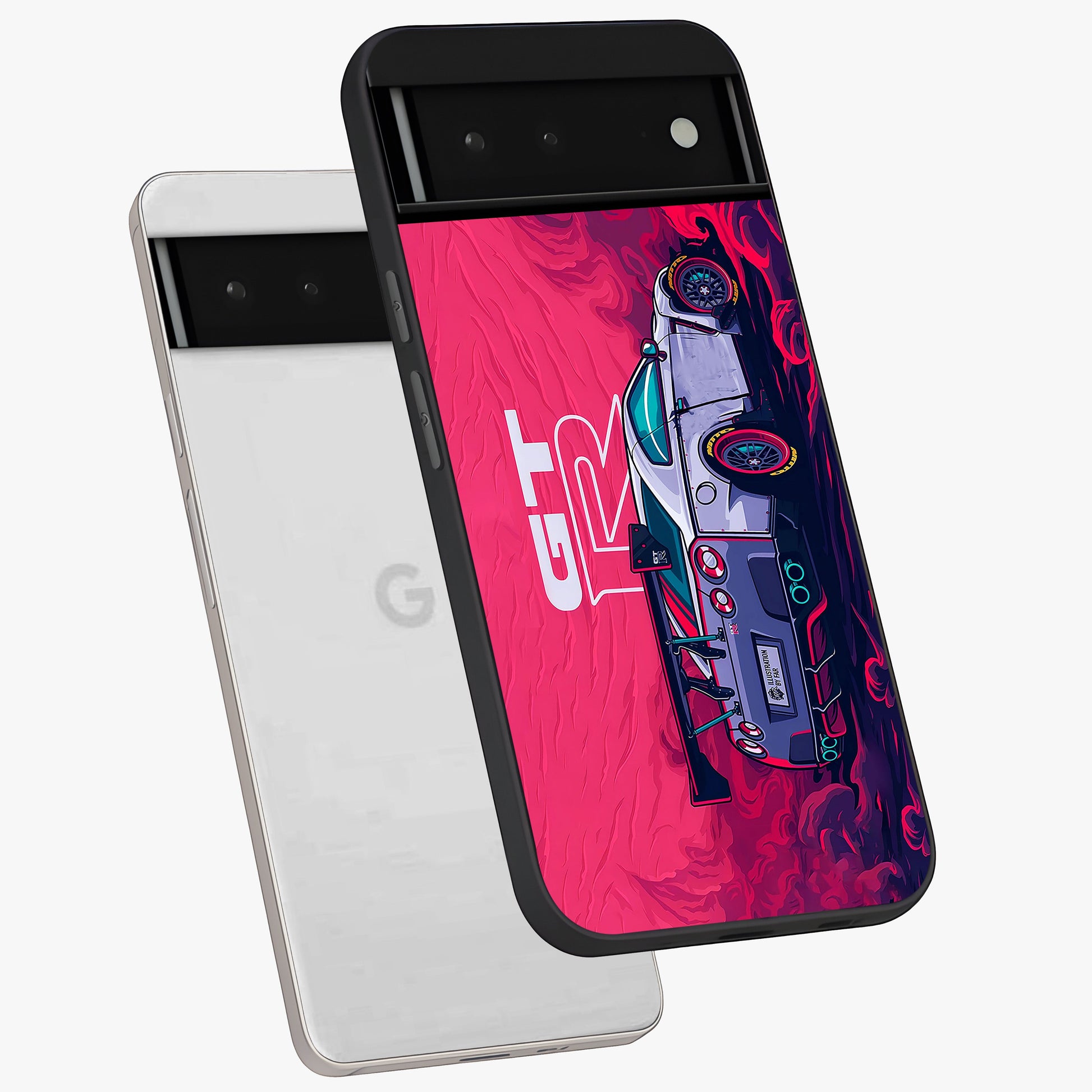 GT-R Car Pattern Glass Case displayed in angled mockup highlighting racing car graphic design with bold automotive aesthetic.