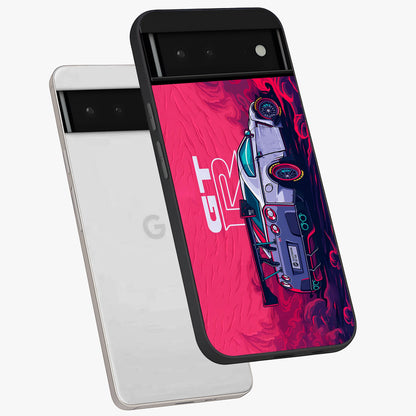 GT-R Car Pattern Glass Case displayed in angled mockup highlighting racing car graphic design with bold automotive aesthetic.