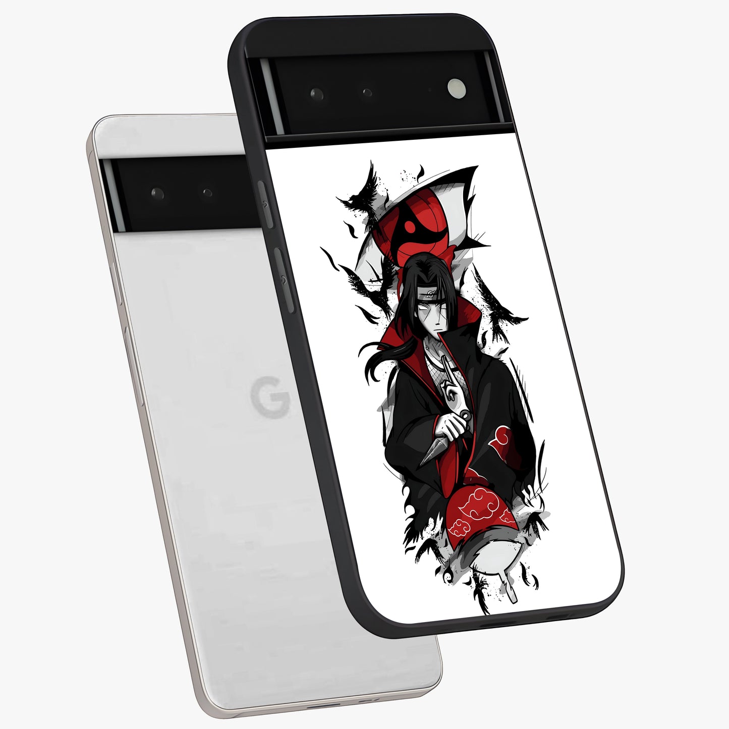 Itachi Limited Edition Naruto Anime Glass Case displayed in angled mockup highlighting dramatic anime illustration with bold action aesthetic.