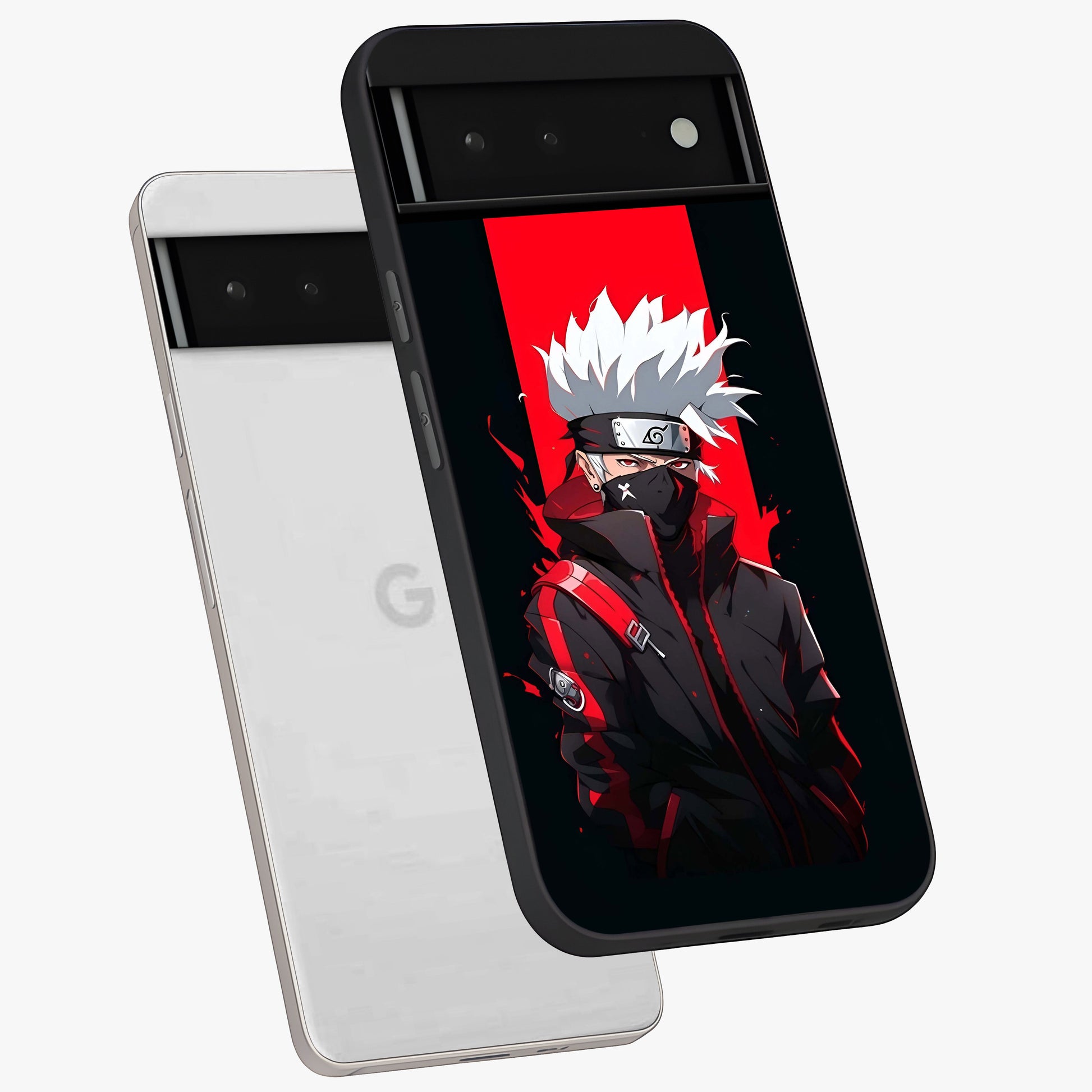 Kakashi Scarlet Shadow Glass Case displayed in angled mockup highlighting dramatic ninja illustration with scarlet themed aesthetic.