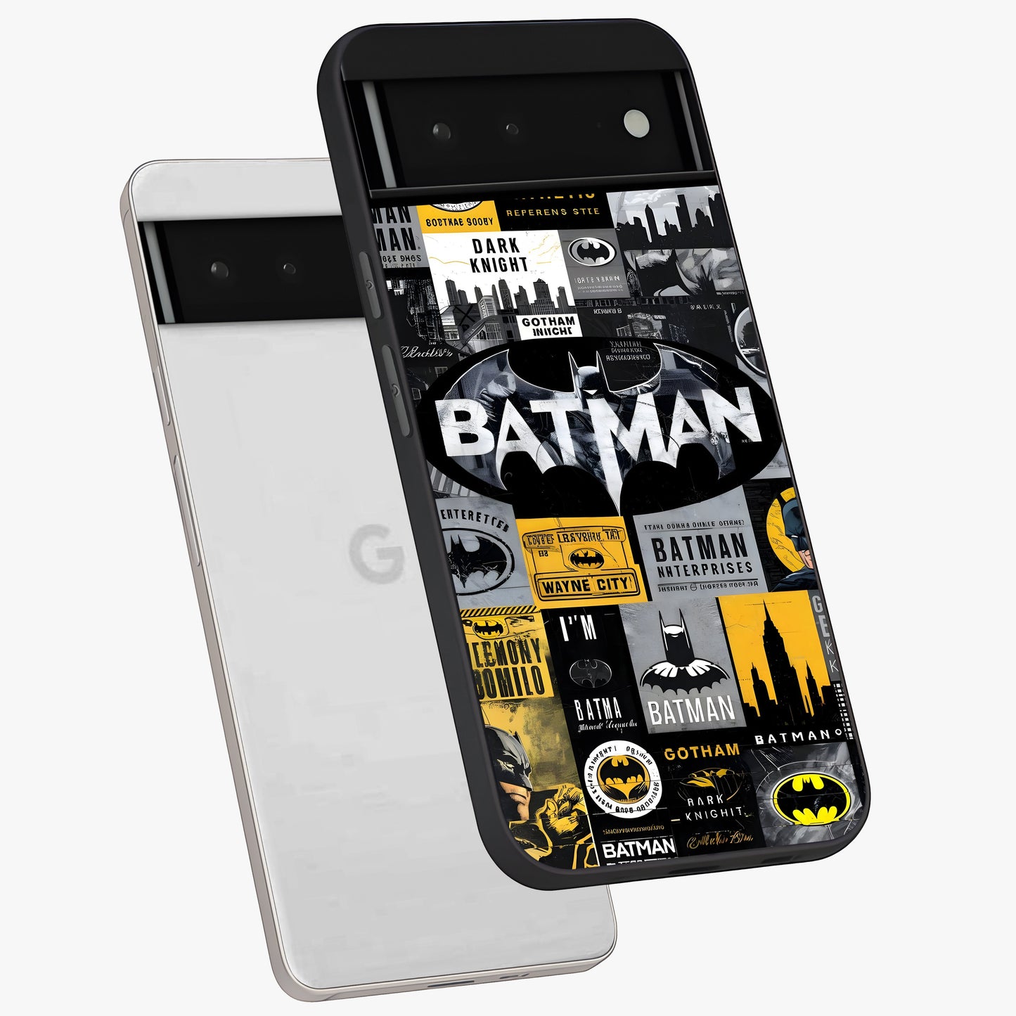 Knight Gotham Rise Glass Case displayed in angled mockup highlighting powerful knight silhouette design with dramatic aesthetic.