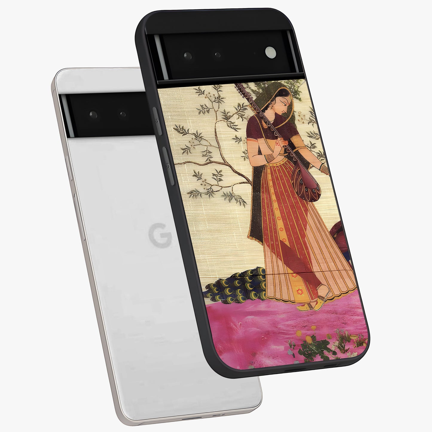 Lady With Veena Art Glass Case displayed in angled mockup highlighting graceful musical illustration with cultural artistic aesthetic.