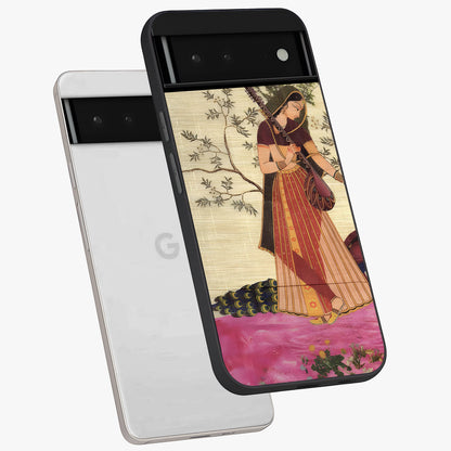 Lady With Veena Art Glass Case displayed in angled mockup highlighting graceful musical illustration with cultural artistic aesthetic.