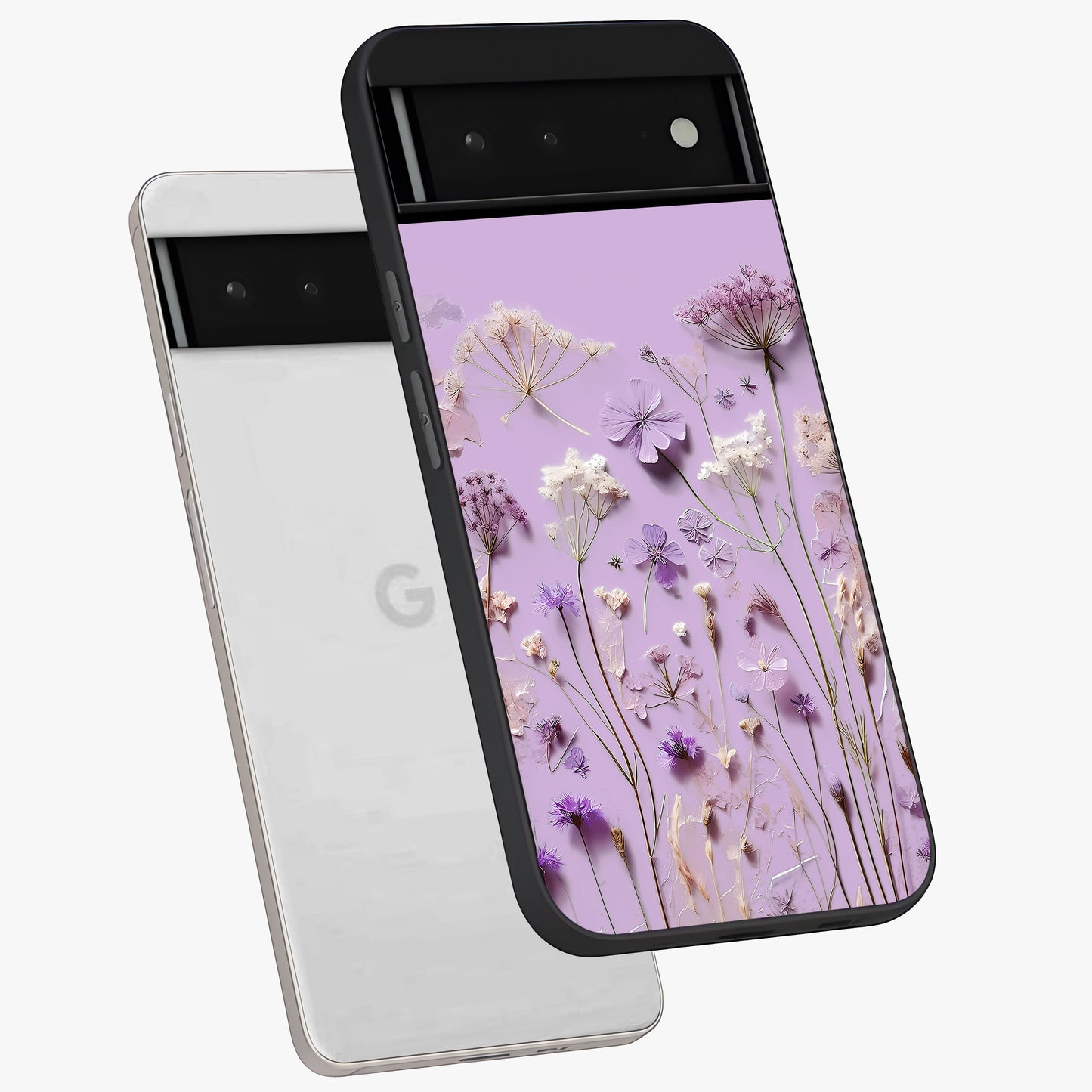 Lavender Blossom Dream Glass Case displayed in angled mockup highlighting dreamy lavender flower design with calming aesthetic style.