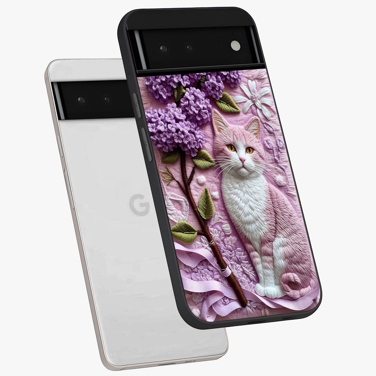 Lavender Cat Whimsy Glass Case displayed in angled mockup highlighting playful feline illustration with pastel lavender aesthetic.