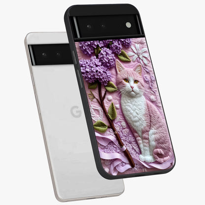 Lavender Cat Whimsy Glass Case displayed in angled mockup highlighting playful feline illustration with pastel lavender aesthetic.