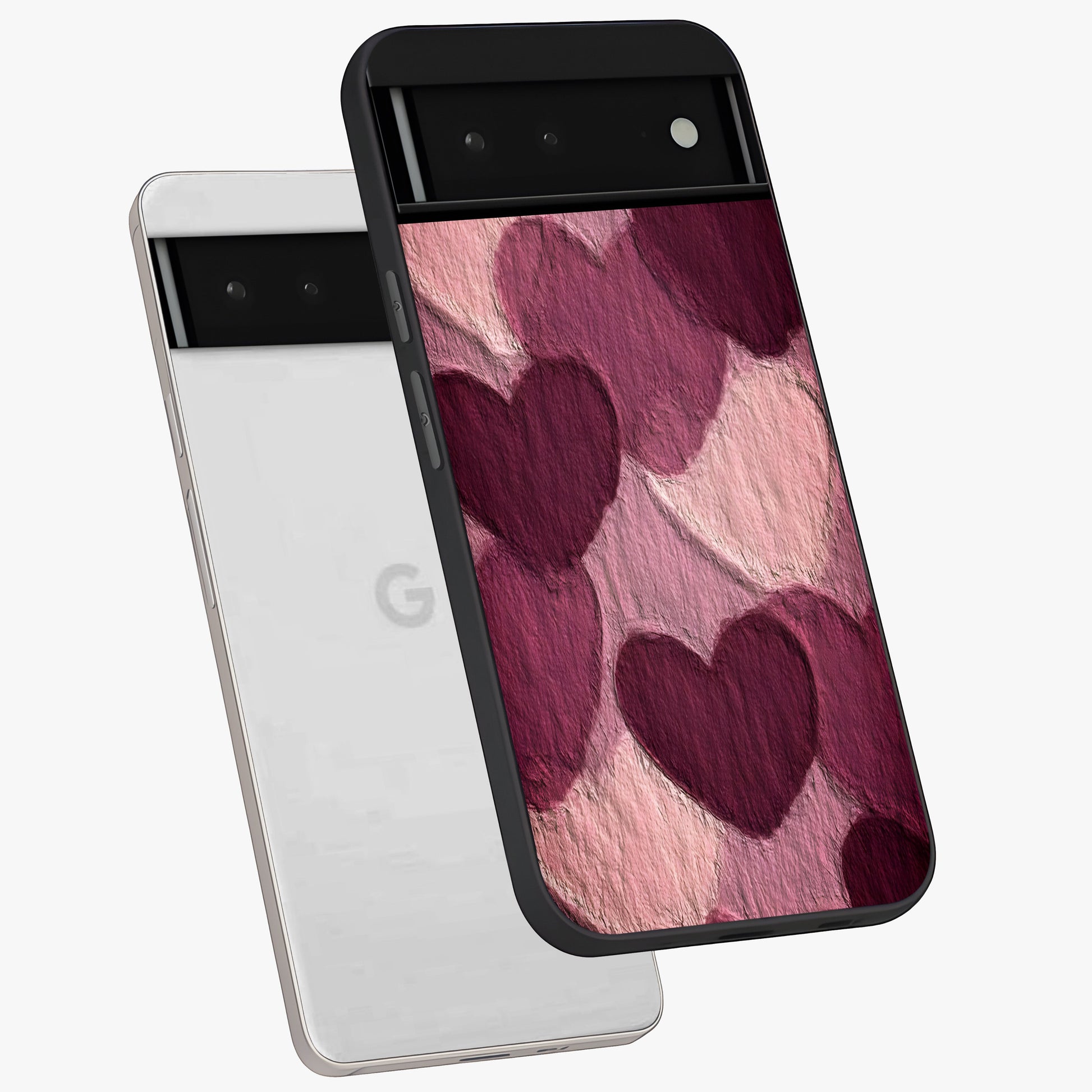 Layered Paper Hearts Glass Case displayed in angled mockup highlighting creative paper craft heart design with romantic aesthetic.
