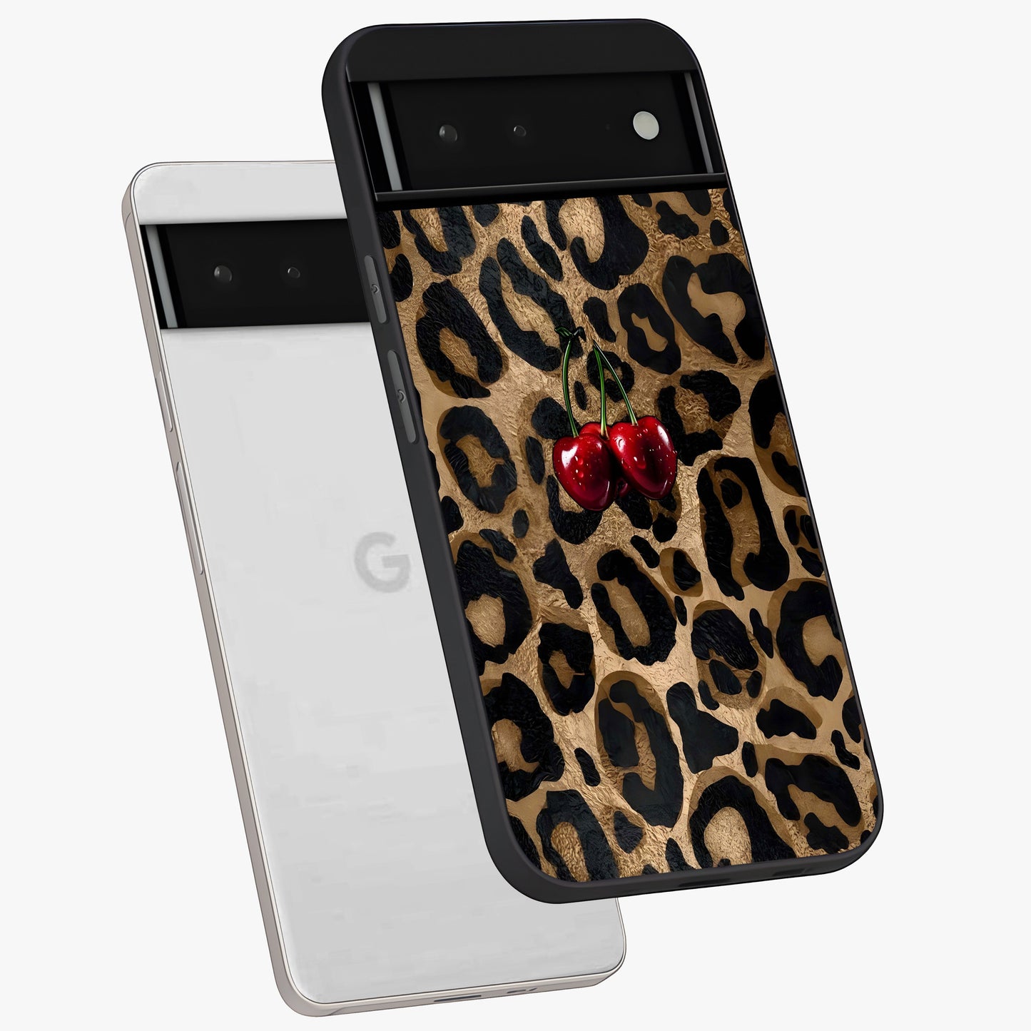 Leopard Wild Cherry Glass Case displayed in angled mockup highlighting bold animal print design with playful cherry aesthetic.