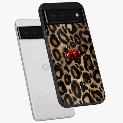 Leopard Wild Cherry Glass Case displayed in angled mockup highlighting bold animal print design with playful cherry aesthetic.