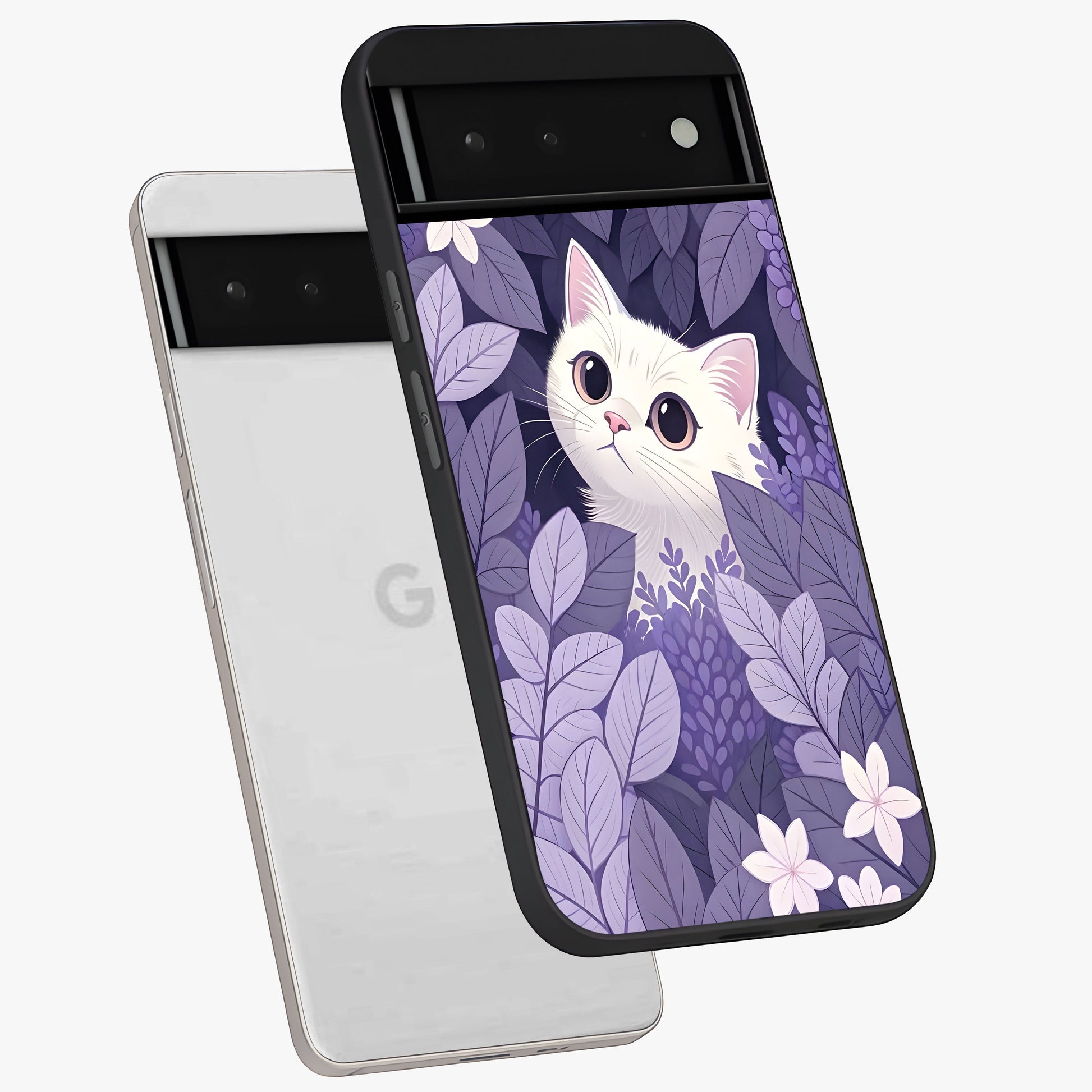 Lilac Hide Peek Cat Glass Case displayed in angled mockup highlighting playful feline illustration with lilac aesthetic design.