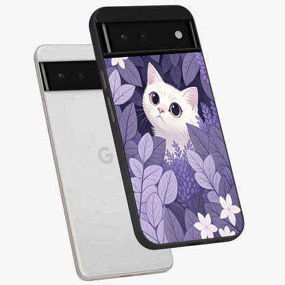 Lilac Hide Peek Cat Glass Case displayed in angled mockup highlighting playful feline illustration with lilac aesthetic design.