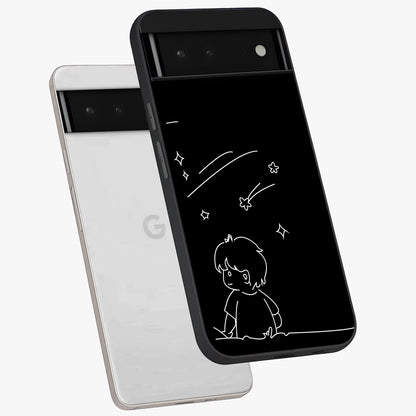 Line Art Boy With Shooting Stars Glass Case displayed in angled mockup highlighting elegant line art design with dreamy star aesthetic.