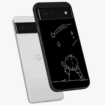 Line Art Girl With Shooting Stars Glass Case displayed in angled mockup highlighting elegant line art design with dreamy star aesthetic.