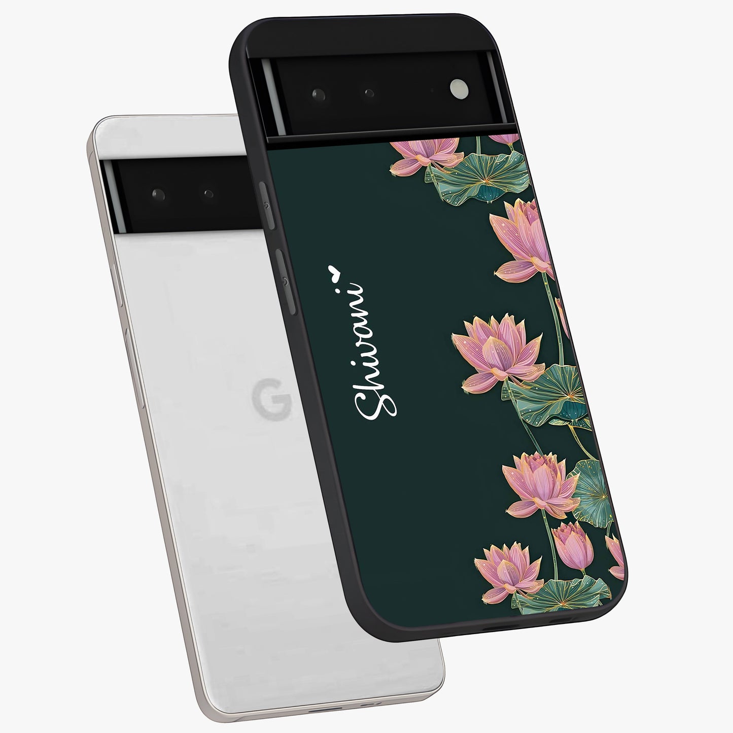 Lotus Bloom Serenity Custom Name Glass Case displayed in angled mockup highlighting graceful lotus illustration with custom name feature.