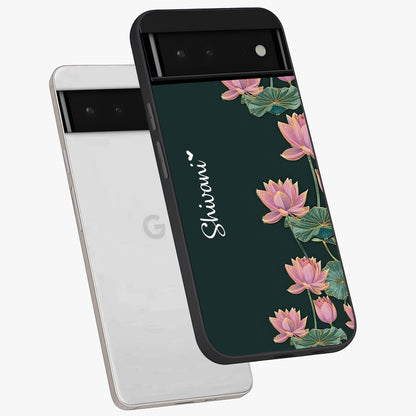 Lotus Bloom Serenity Custom Name Glass Case displayed in angled mockup highlighting graceful lotus illustration with custom name feature.