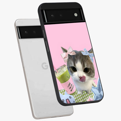 Love Matcha Cat Glass Case displayed in angled mockup highlighting playful feline illustration with cozy matcha aesthetic.