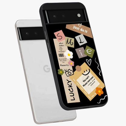 Lucky Aesthetic Collage Glass Case displayed in angled mockup highlighting stylish collage pattern with modern aesthetic vibe.