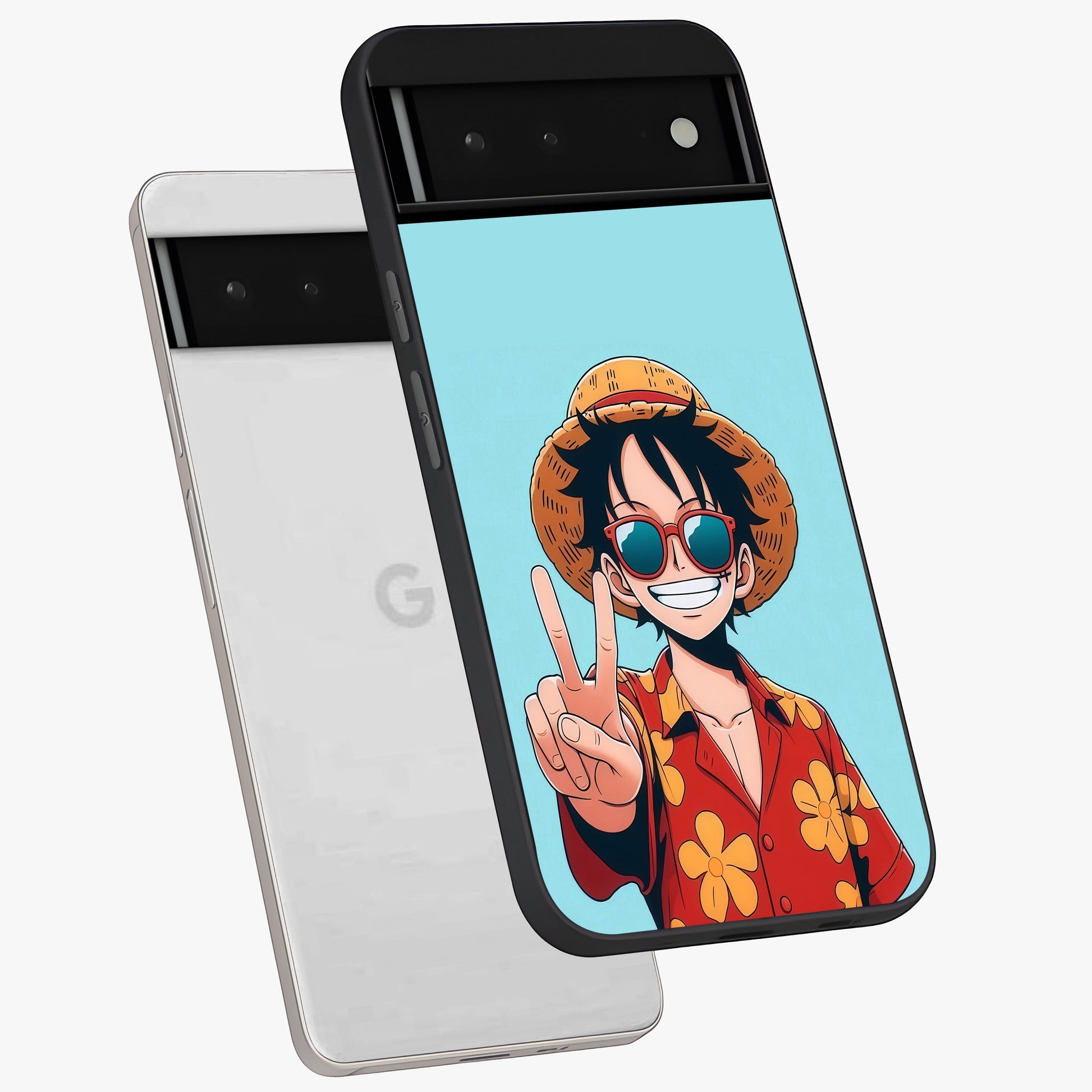 Luffy Summer Anime Vibe Glass Case displayed in angled mockup highlighting energetic anime illustration with summer vibe aesthetic.