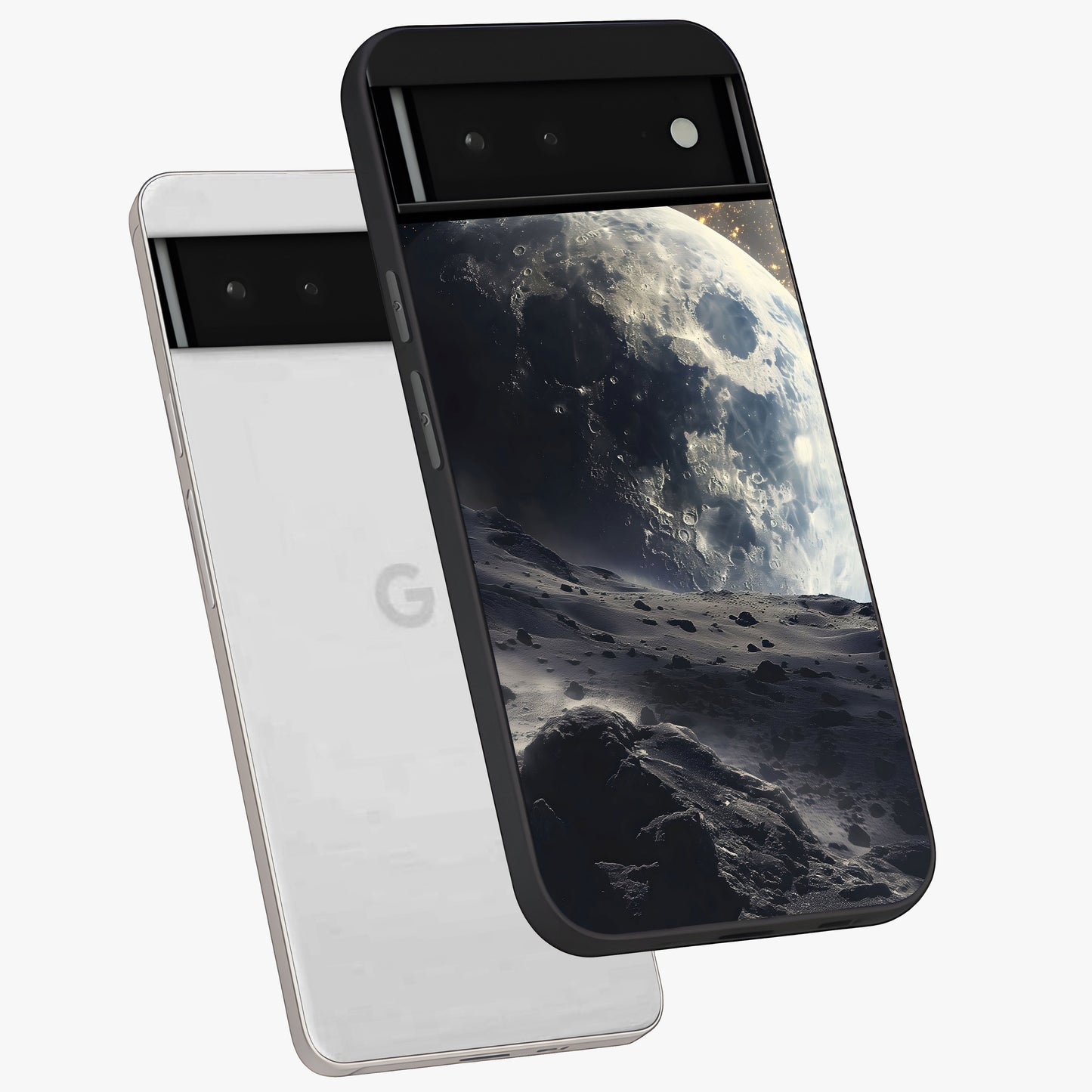 Lunar Horizon Glow Glass Case displayed in angled mockup highlighting celestial moon design with dreamy night aesthetic.