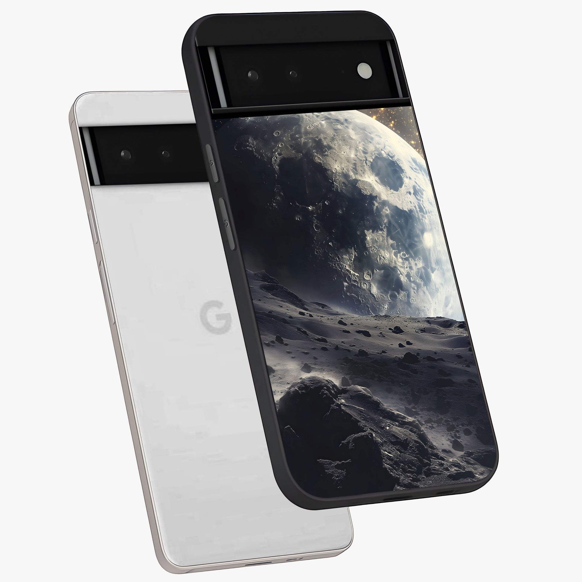 Lunar Horizon Glow Glass Case displayed in angled mockup highlighting celestial moon design with dreamy night aesthetic.
