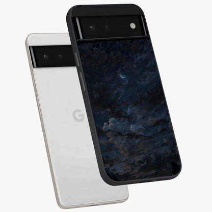 Lunar Veil Silence Glass Case displayed in angled mockup highlighting soft lunar design with peaceful celestial aesthetic.