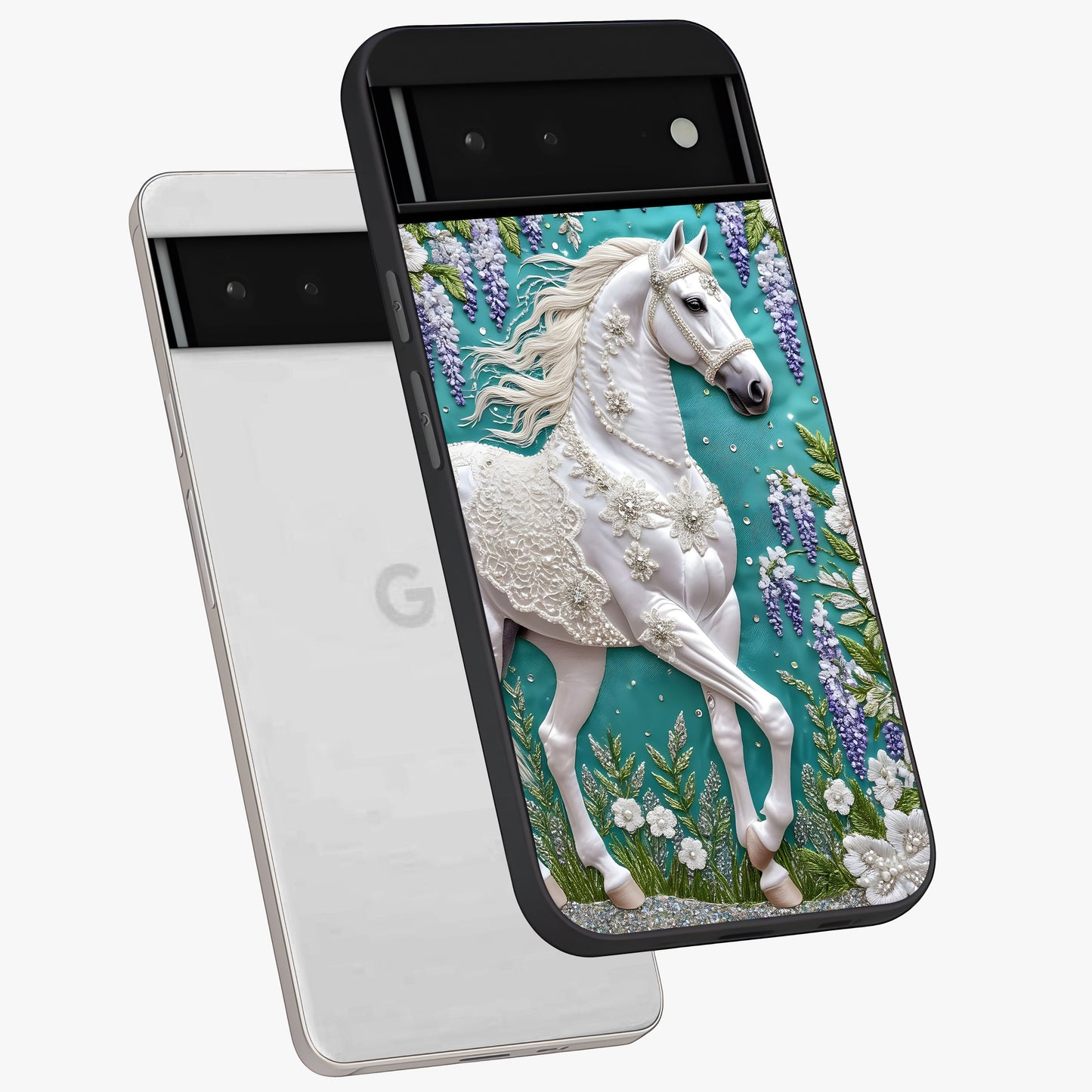 Majestic Floral Stallion Glass Case displayed in angled mockup highlighting majestic stallion illustration with elegant floral aesthetic.