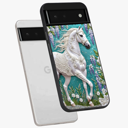 Majestic Floral Stallion Glass Case displayed in angled mockup highlighting majestic stallion illustration with elegant floral aesthetic.