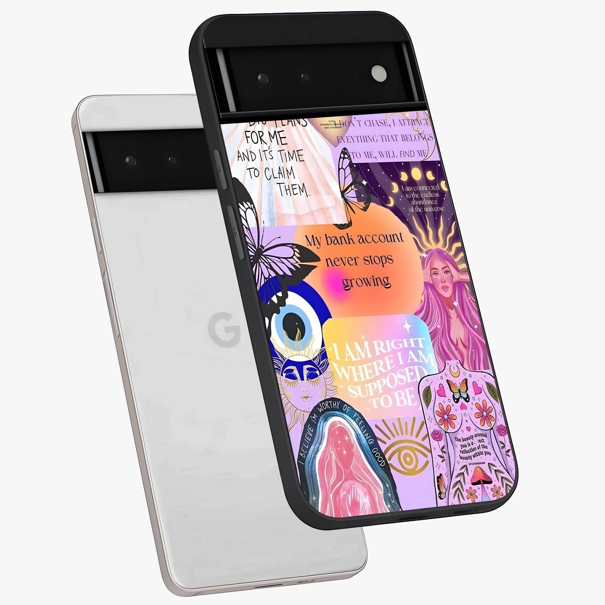 Manifestation Collage Glass Case displayed in angled mockup highlighting inspirational aesthetic collage design.