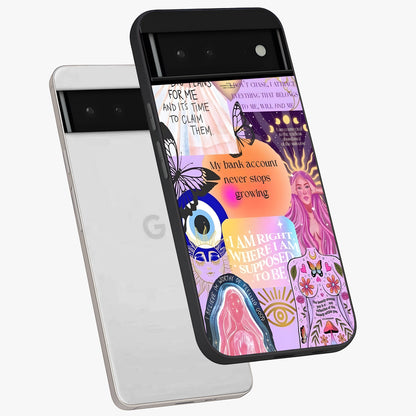 Manifestation Collage Glass Case displayed in angled mockup highlighting inspirational aesthetic collage design.