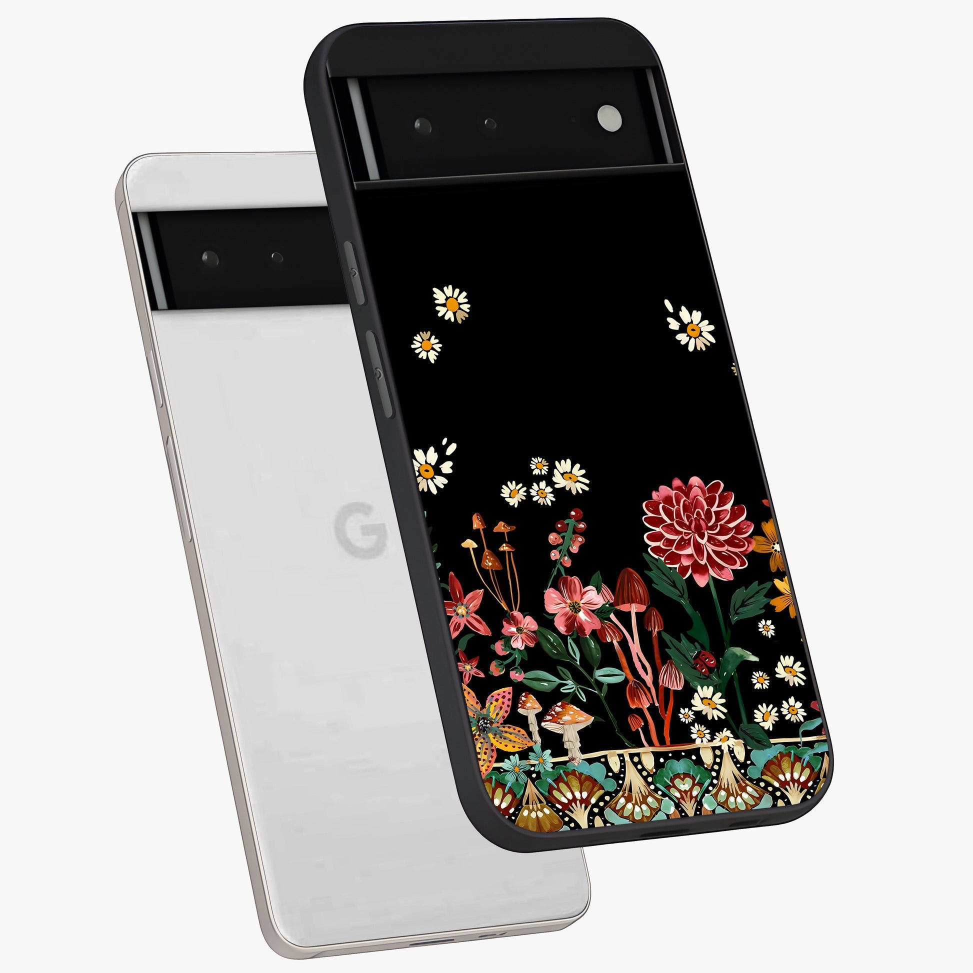 Midnight Bloom Pattern Glass Case displayed in angled mockup highlighting elegant flower design with midnight aesthetic style.