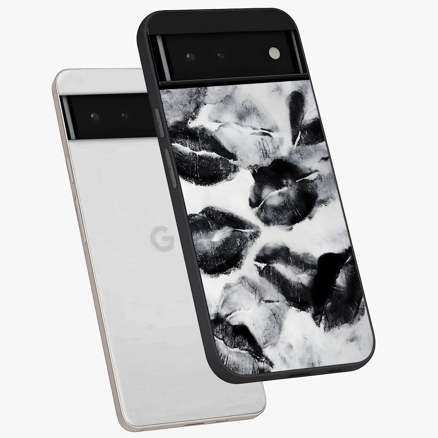 Midnight Kiss Marks Glass Case displayed in angled mockup highlighting playful romantic design with bold midnight aesthetic.